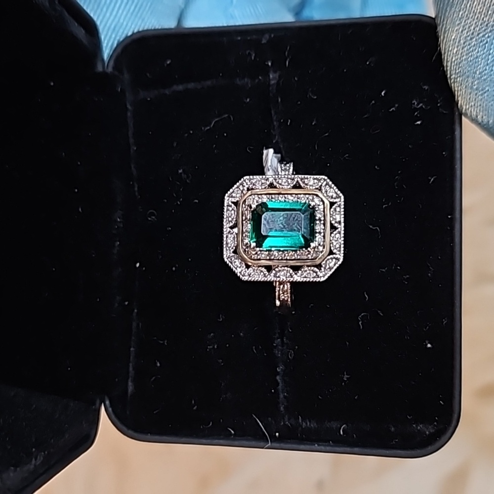 -SOLD- Vintage style, lab created emerald w/real diamonds with silver and 14kt